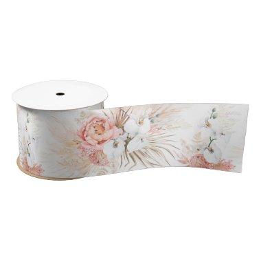 Pampas Grass and Pink Flowers Satin Ribbon