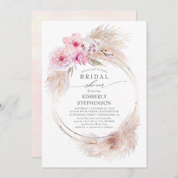 Pampas Grass and Pink Orchids Exotic Bridal Shower Invitations