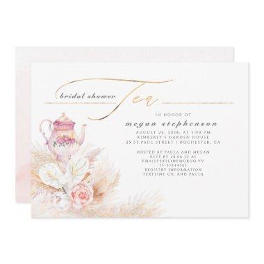 Pampas Grass and Pink Tea Pot Bridal Shower Tea Invitations