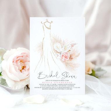 Pampas Grass and Wedding Dress Bridal Shower Invitations