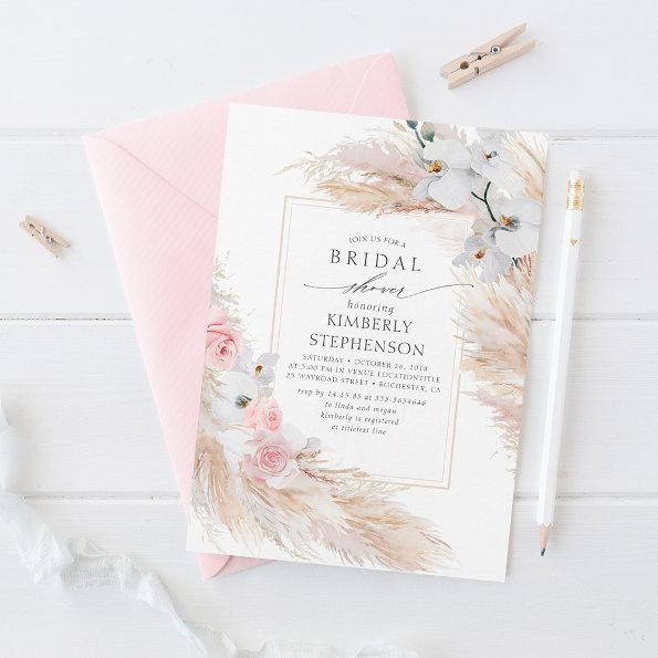Pampas Grass and White Orchids Chic Bridal Shower Invitations