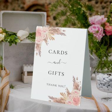Pampas grass blush rose floral Invitations gifts table tent sign