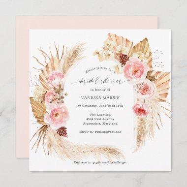 Pampas Grass Boho Pink Floral Bridal Shower Invitations