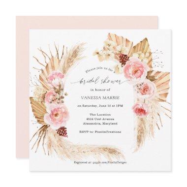 Pampas Grass Boho Pink Floral Bridal Shower Invitations