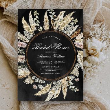Pampas Grass Boho Wreath Black Bridal Shower Invitations