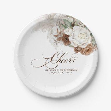 Pampas Grass Brown White Sage Floral Boho Cheers Paper Plates