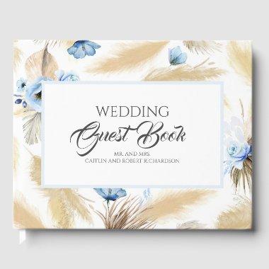 Pampas Grass Dusty Blue Floral Wedding Guest Book