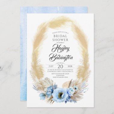 Pampas Grass Dusty Blue Flowers Bridal Shower Invitations