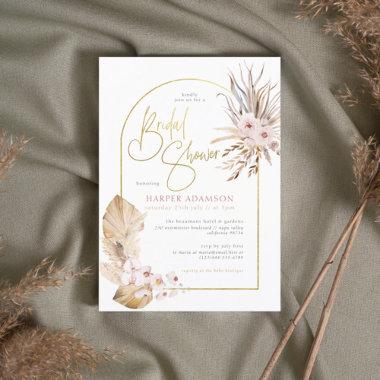 Pampas Grass & Gold Arch Boho Floral Bridal Shower Invitations