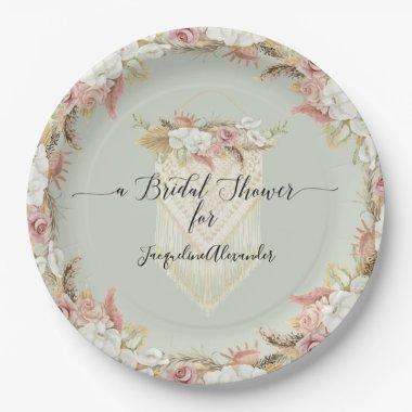 Pampas Grass Mint Floral Greenery Bridal Shower Paper Plates
