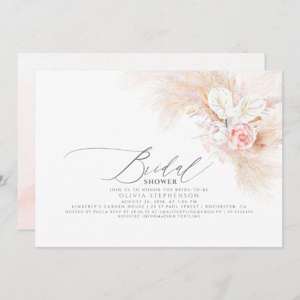 Pampas Grass Pink Floral Exotic Bridal Shower Invitations