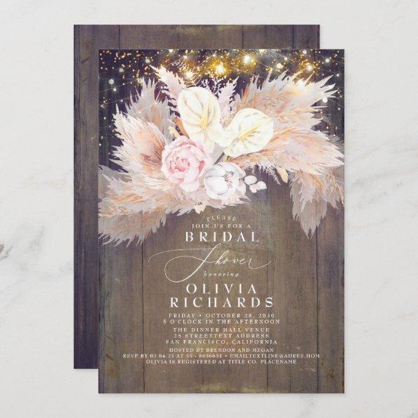Pampas Grass Pink Floral Rustic Bridal Shower Invitations