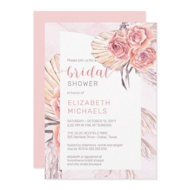 Pampas Grass | Pink Rose Blooms Bridal Shower Invitations