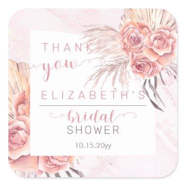Pampas Grass | Pink Roses Bridal Shower Thank You Square Sticker