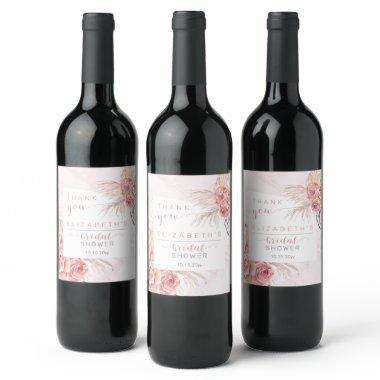 Pampas Grass | Pink Roses Bridal Shower Thank You Wine Label