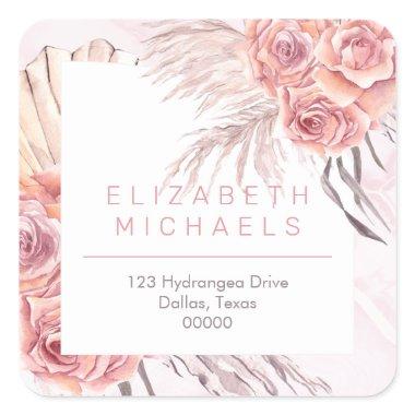 Pampas Grass | Pink Roses Return Address Square Sticker