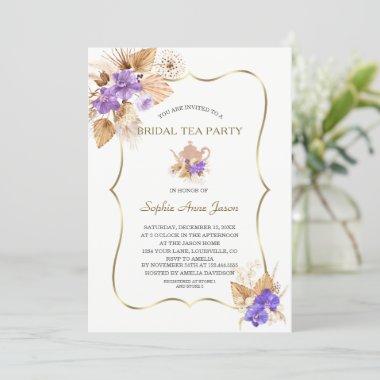 Pampas Grass Purple Orchid Gold Bridal Tea Party Invitations
