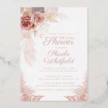 Pampas Grass Terracotta Bridal Shower Rose Gold Foil Invitations