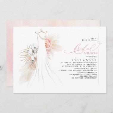 Pampas Grass Wedding Gown Pink Bridal Shower Invitations