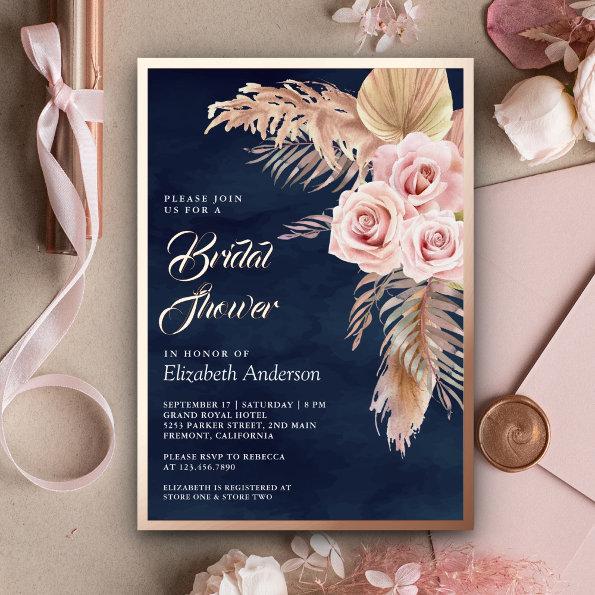 Pampas Navy Dusty Pink Bridal Shower Rose Gold Foil Invitations