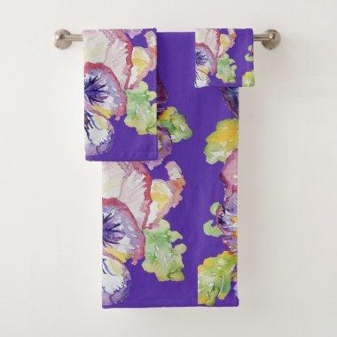 Pansy Watercolour Painting Purple Floral flowers Bath Towel Set