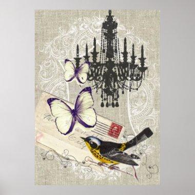 Paris chandelier butterfly bird modern vintage poster