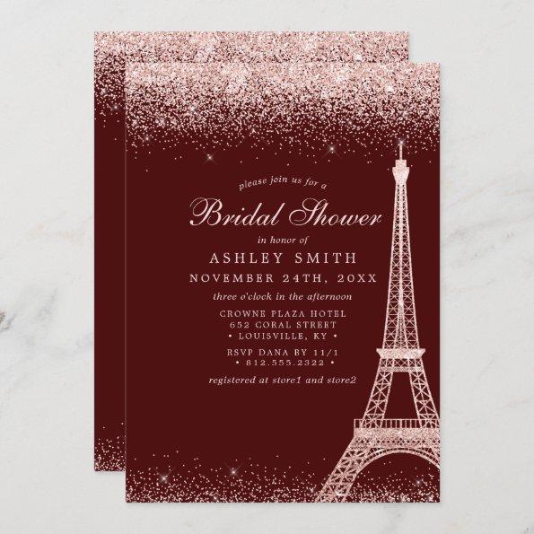 Paris Eiffel Tower Burgundy Sparkle Bridal Shower Invitations
