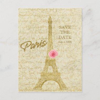 Paris Eiffel Tower Gold & Pink SAVE THE DATE Announcement PostInvitations