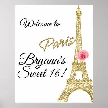 Paris Eiffel Tower Gold Sparkle Pink Rose France Poster