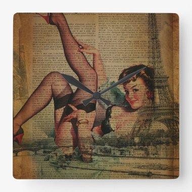 Paris Eiffel Tower lingerie retro fashionista Square Wall Clock