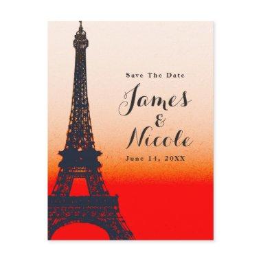 Paris Eiffel Tower Orange Sunset Save the Date Announcement PostInvitations