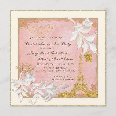 Paris Eiffel Tower Pink n Gold Elegant Bridal Tea Invitations