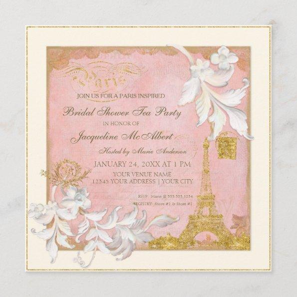 Paris Eiffel Tower Pink n Gold Elegant Bridal Tea Invitations