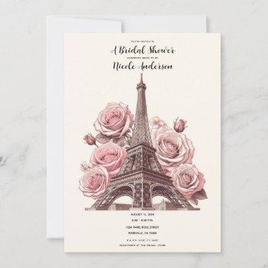 Paris Eiffel Tower & Pink Roses Bridal Shower Invitations