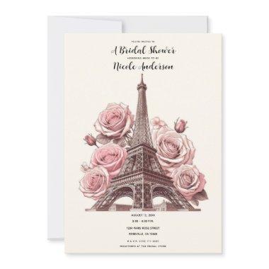 Paris Eiffel Tower & Pink Roses Bridal Shower Invitations