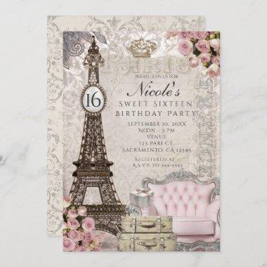 Paris Eiffel Tower Pink Roses Party Invitations