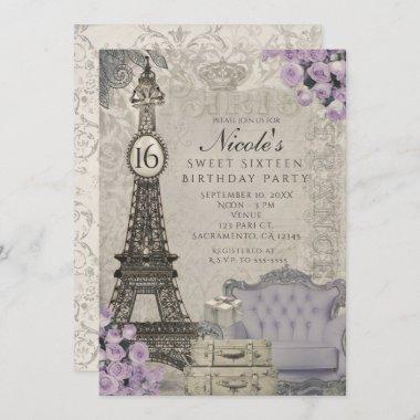 Paris Eiffel Tower Purple Roses Party Invitations