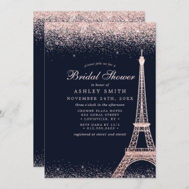 Paris Eiffel Tower Rose Gold Sparkle Bridal Shower Invitations