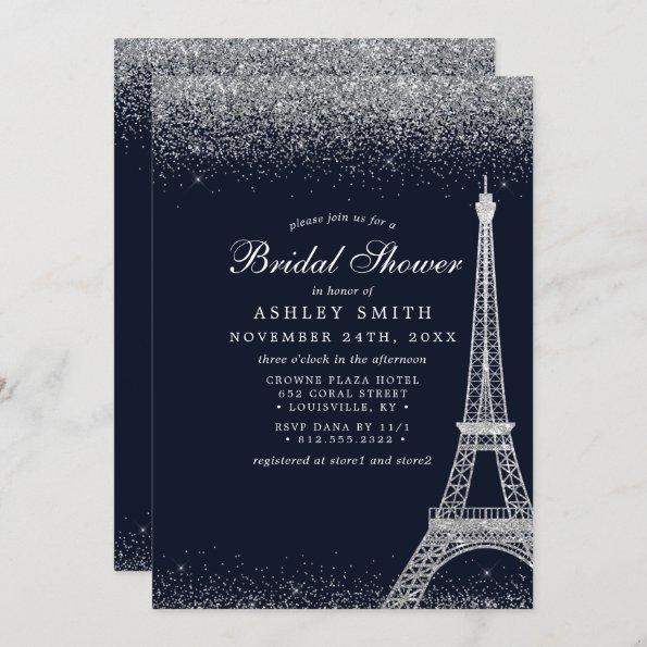 Paris Eiffel Tower Silver Sparkle Bridal Shower Invitations