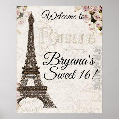 Paris France Eiffel Tower Pink Roses Chic Glamor Poster