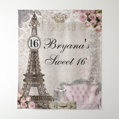 Paris France Pink Roses Sweet 16 Party Backdrop