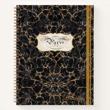 Paris Script Calligraphy Vintage Black and Gold Notebook