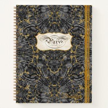 Paris Script Calligraphy Vintage Marbling w Gold Notebook