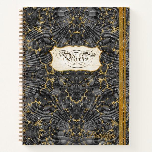 Paris Script Calligraphy Vintage Marbling w Gold Notebook