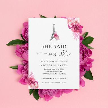 Paris She Said Oui Pink Floral Bridal Shower Invitations
