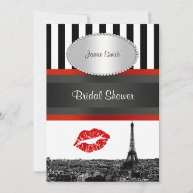 Paris Skyline BW Stripe Red Kiss PV Bridal Shower Invitations