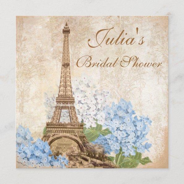 Paris Vintage Blue Hydrangea Bridal Shower Invitations