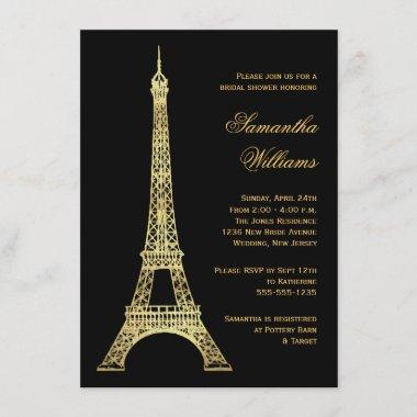 Parisian Eiffel Tower Black & Gold Bridal Shower Invitations