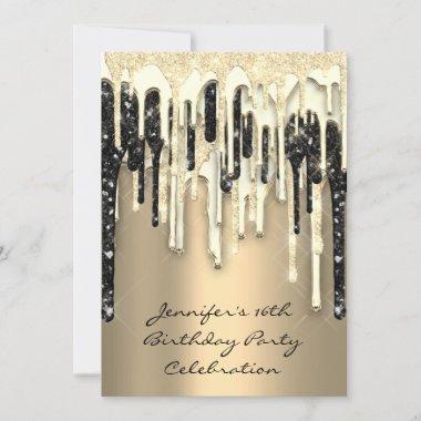 Party 16th Bridal Shower Black Glitter Drips Invitations