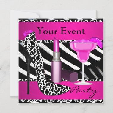 Party Event Zebra Shoes Hot Pink Lipstick Invitations